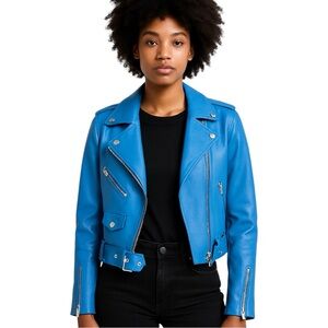 ZARA Faux Leather Blue Moto Jacket XS Biker Blogger Favorite TikTok Style